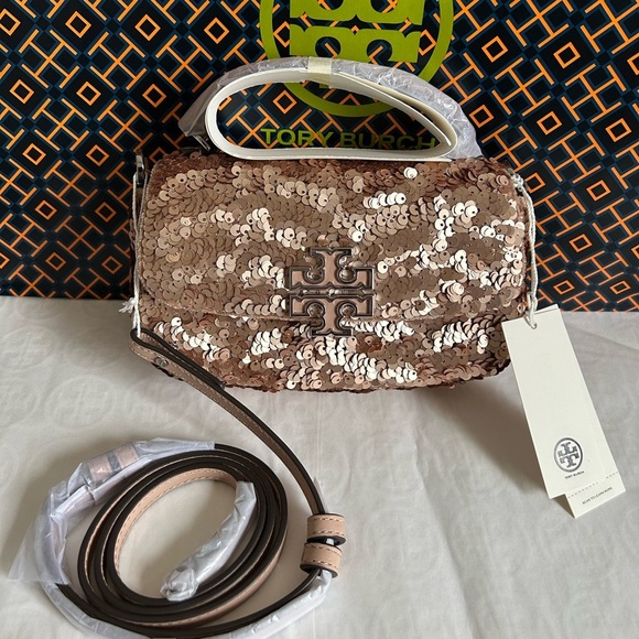 Tory Burch Britten Sequin Mini Top Handle Bag Crossbody Bag Rose Gold Silver